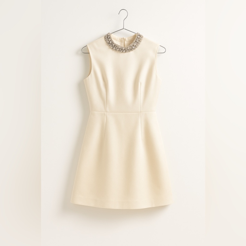 Elegant Cream Sleeveless Dress with Embellished Collar